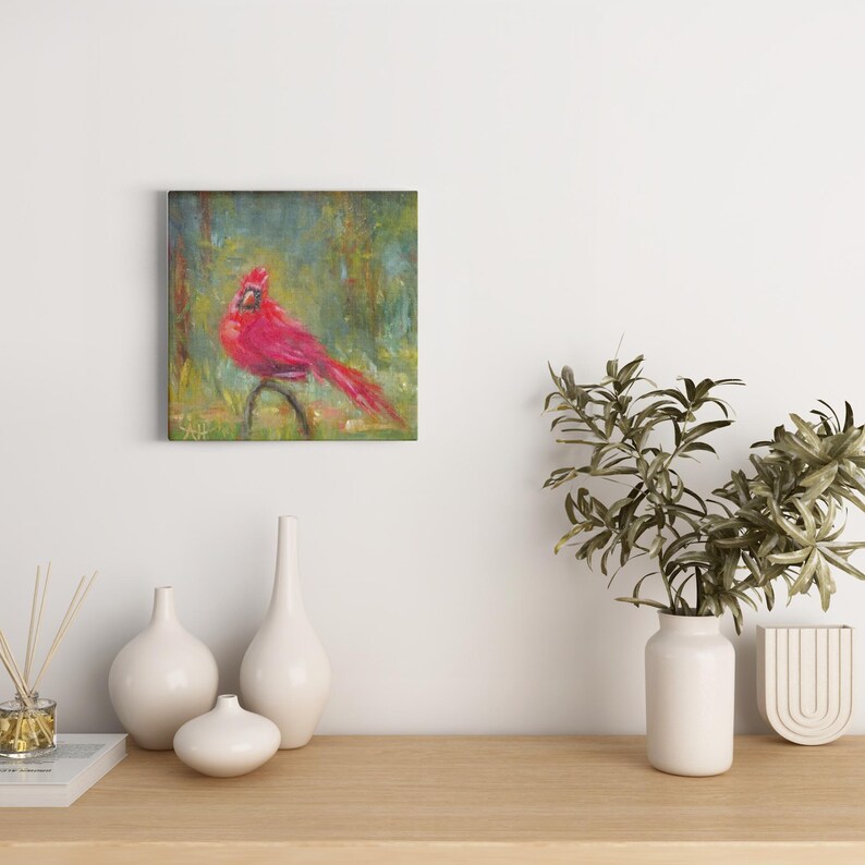 Cardinal Canvas Print of original oil painting, Red bird Giclee Art, Gallery-wrapped canvas, Winter Bird wall decor image 4