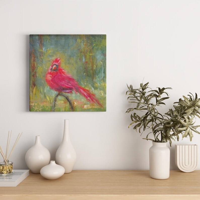 Cardinal Canvas Print of original oil painting, Red bird Giclee Art, Gallery-wrapped canvas, Winter Bird wall decor image 5