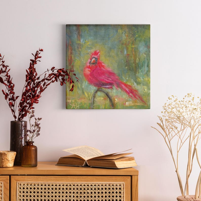 Cardinal Canvas Print of original oil painting, Red bird Giclee Art, Gallery-wrapped canvas, Winter Bird wall decor image 7