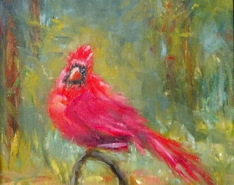 Cardinal Canvas Print of original oil painting, Red bird Giclee Art, Gallery-wrapped canvas, Winter Bird wall decor