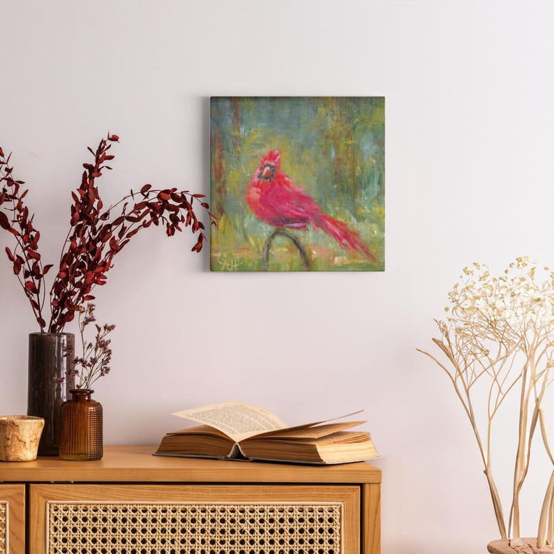 Cardinal Canvas Print of original oil painting, Red bird Giclee Art, Gallery-wrapped canvas, Winter Bird wall decor image 9