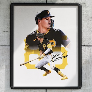 May include: Framed print of a baseball player in a black and gold uniform, holding a bat. The image has a layered design with a larger image of the player in the background. The background is a light grey colour.