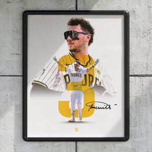 May include: Framed poster featuring a baseball player in a Padres uniform. The image includes a large number 30, the word "Padres", and a signature. The color scheme is primarily yellow, white, and navy blue.