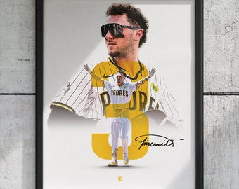May include: Framed poster featuring a baseball player in a Padres uniform. The image includes a large number 30, the word "Padres", and a signature. The color scheme is primarily yellow, white, and navy blue.