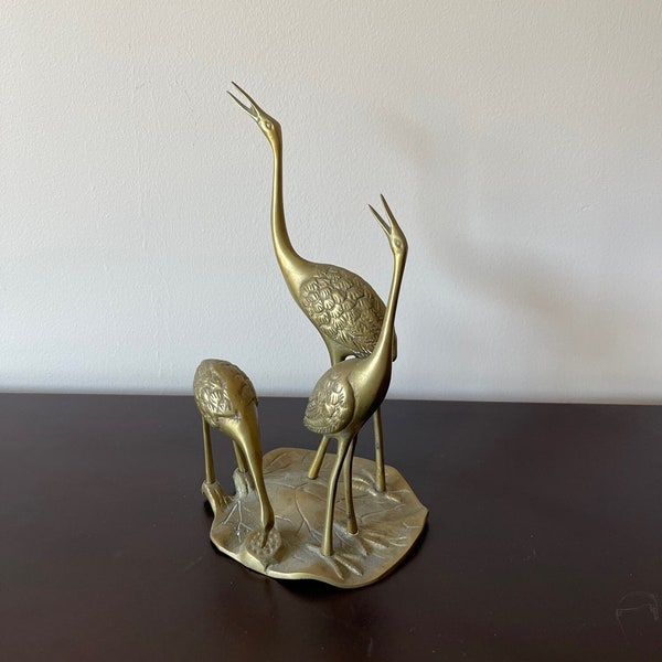 Vintage Brass Crane Trio on Lily Pad | Mid Century Decor | Coastal Contemporary Decor | Brass Figurine Shelf Decor