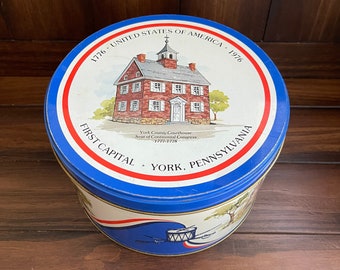 Vintage Patriotic Tin, York Pennsylvania, US First Capital | Bicentennial 1776-1976 Decor, July 4th | Red, White and Blue