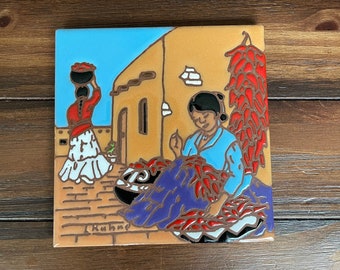 Vintage South West Tile Depicting Native American Women, Chili Peppers  | Art by Leone Kuhne from AZ