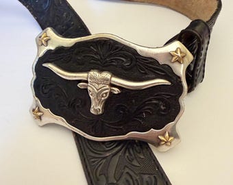 Vintage Justin Black Tooled Longhorn Black Leather Belt  size 38