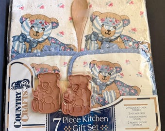 Vintage Teddy Bear Tea Towel and Hot Pad Kitchen Set w/ Matching Cookie Cutters | Child's Play Kitchen