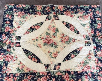 Vintage Quilted Pillow Sham std, Double Wedding Ring Style | Floral  Lace Pillowcase | Shabby Cottage Country Chic