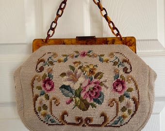 Vintage Maud Hundley Needlepoint Purse, Tortoise Shell Acrylic Handle, Maud Hundley