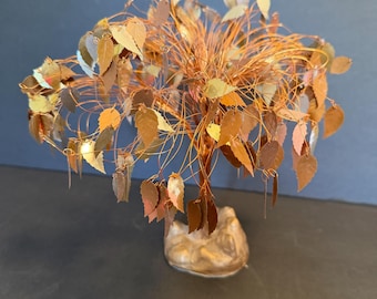 Vintage Twisted Copper Wire Tree, Gold Tone Leaves | Dream Tree | Fortune Tree | Mid Century Decor