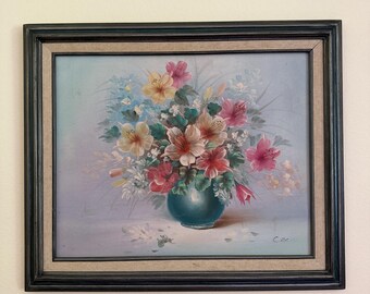Vintage Floral Oil on Canvas Hibiscus Painting | artist signed Cox | 25" X 21" as framed