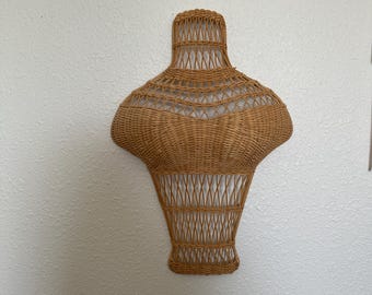 Vintage Wicker Rattan Half Bust Mannequin Wall Hanging | Jewelry or Scarf Display Photography