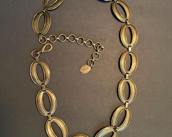 Vintage Fossil Brass Toned Hammered Metal Oval Link Belt, Adj 34-41”