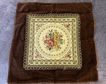 Vintage German Throw Pillow Cover | Brown Velvet Decorative Pillow Case Sham | Old World Style