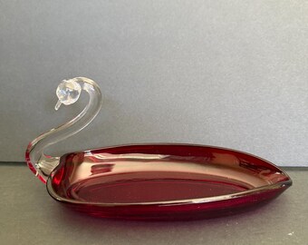 Vintage Red Glass Swan Jewelry Trinket or Candy Dish | Duncan Miller Art Glass