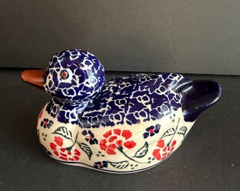 Vintage Polish Pottery Duck | Small Ceramic Duck Shelf Decor