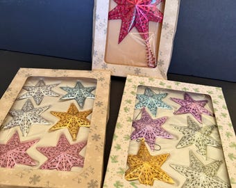 Vintage Metal Filigree Christmas Star Ornaments, Eckartina Christbaumschmuck West Germany