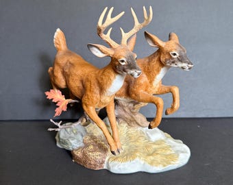 Vintage Porcelain Whitetail Deer Figurine, Stag and Doe | Homco Masterpiece Collection "Forest Run" 1992