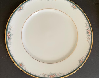Noritake Landon Dinner Plate with Teal Green Blue Band and Gold Trim and Tiny Pink Flowers | Price is per plate