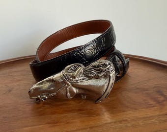 Vintage Women's Black Leather Belt Horse Head Buckle, Size L by Harken | Equestrian