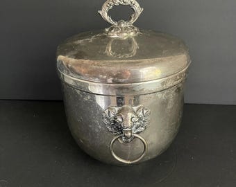 Heavy Vintage Silverplate Lion Head Ring Handle Champagne Ice Bucket | Entertaining Dining