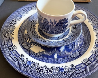 Vintage Blue Willow 3 Piece Set, Dinner Plate, Cup & Saucer, Churchill Made in England