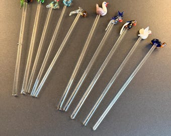 Vintage Glass Swizzle Stir Sticks set of 10 | Blown Glass Toppers | Bar Ware Decor
