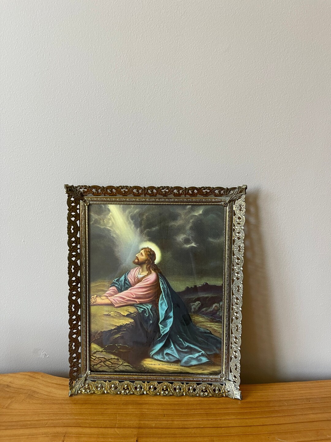 Vintage Metal Reticulated Lacy Picture Frame With Christ in Gethsemane ...