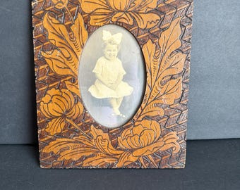 Antique Art Nouveau Floral Wood Burned Picture Frame | Pyrographic Photo Frame | Victorian or Edwardian