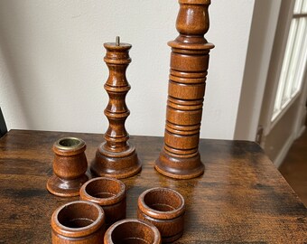 Vintage Pair of Wood Candlestick Holders and Napkin Rings Combo