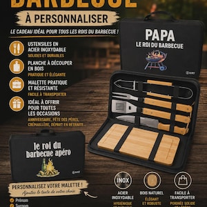 Op de afbeelding: Een zwarte barbecue gereedschapskist met de tekst "MALETTE BARBECUE" en "PAPA LE ROI DU BARBECUE". De set bevat roestvrijstalen keukengerei, houten snijplanken en een draagtas. De set is personaliseerbaar.