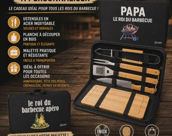 Personalized BBQ set for dad, the BBQ king, with stainless steel utensils