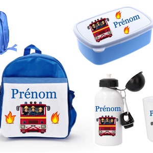 Ensemble rentrée cartable POMPIER  , gourde, gobelet, boite à goûter personnalisés à choisir