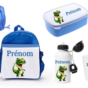 Ensemble rentrée cartable DINOSAURE , gourde, gobelet, boite à goûter personnalisés à choisir