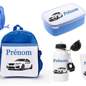 Ensemble rentrée cartable VOITURE, gourde, gobelet, boite à goûter personnalisés à choisir