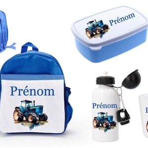 Ensemble rentrée cartable TRACTEUR , gourde, gobelet, boite à goûter personnalisés à choisir
