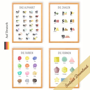 German Educational Posters | Kid Room, Classroom Deco | Montessori Learning Material | Alphabet, Numbers, Colors, Shapes | Children Playroom