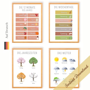 Carteles educativos de alemán / Sala para niños, Classroom Deco / Material de aprendizaje Montessori / Meses, días laborables, estaciones, clima / Sala de juegos para niños