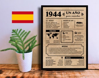 Spanish Birthday Poster 1944 | Printable Newspaper / Sign | Instant Download | Anniversary Gift | Born in 1944