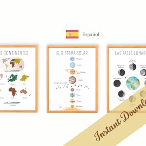 Posters Educativos Español | Decoración Habitación Niños | Material Aprendizaje Montessori | Sistema Solar, Fases Lunares, Continentes
