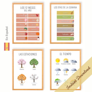 Posters Educativos Español | Decoración Habitación Niños | Material Aprendizaje Montessori, Escolar | Meses, Días, Estaciones, Tiempo