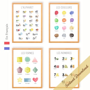 Carteles educativos en francés / Sala para niños, Classroom Deco / Material de aprendizaje Montessori / Alfabeto, números, colores, formas / Sala de juegos para niños