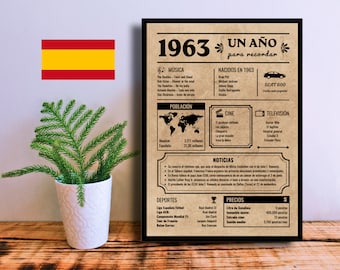 Spanish Birthday Poster 1963 | 60th Anniversary Gift | Birthday Gift 60 years | Born in 1963 | Newspaper / Sign | Instant Download