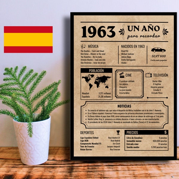 Póster de Cumpleaños de 1963 | Periódico / Cartel en español | Descarga Instantánea | Regalo de Aniversario 60 años | Año de Nacimiento