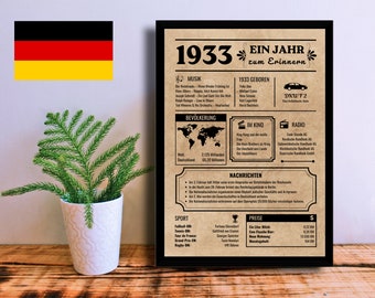 Affiche d'anniversaire allemande 1933 | Cadeau du 90e anniversaire | Cadeau d'anniversaire 90 ans | Né en 1933 | Journal imprimable / signe | Téléchargement instantané