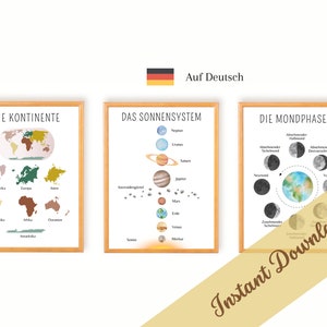 Deutsch Lernposter, Lernplakate | Kinderzimmer Deko | Sonnensystem, Mondphasen, Kontinente | Kindergarten, Vorschule | Montessori lernen