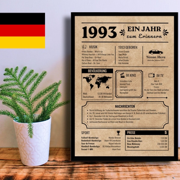 German Birthday Poster 1993 | 30th Anniversary Gift | Birthday Gift 30 years | Born in 1993 | Printable Newspaper / Sign | Instant Download