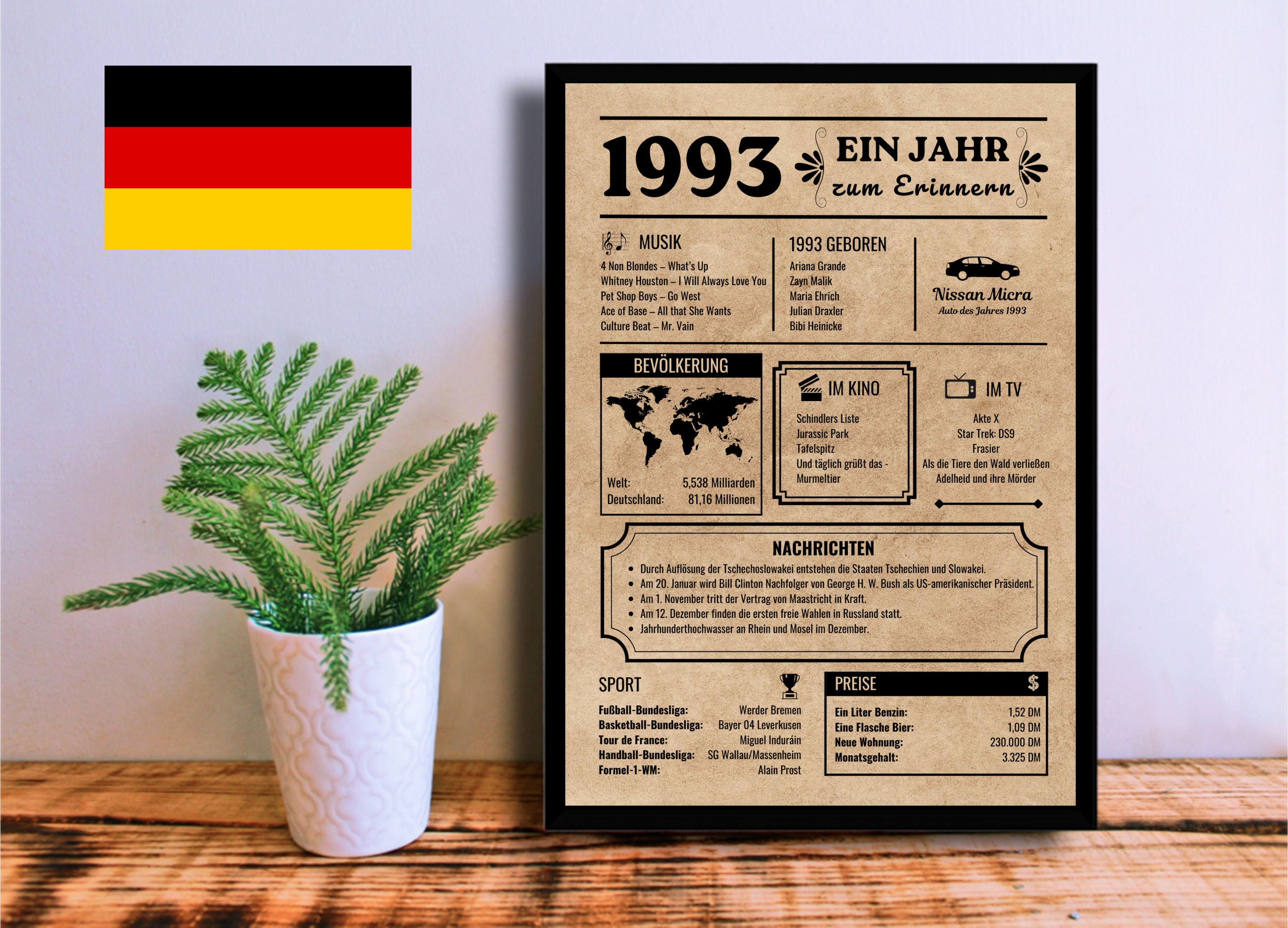 German Birthday Poster 1993 | 30th Anniversary Gift | Birthday Gift 30 years | Born in 1993 | Printable Newspaper / Sign | Instant Download